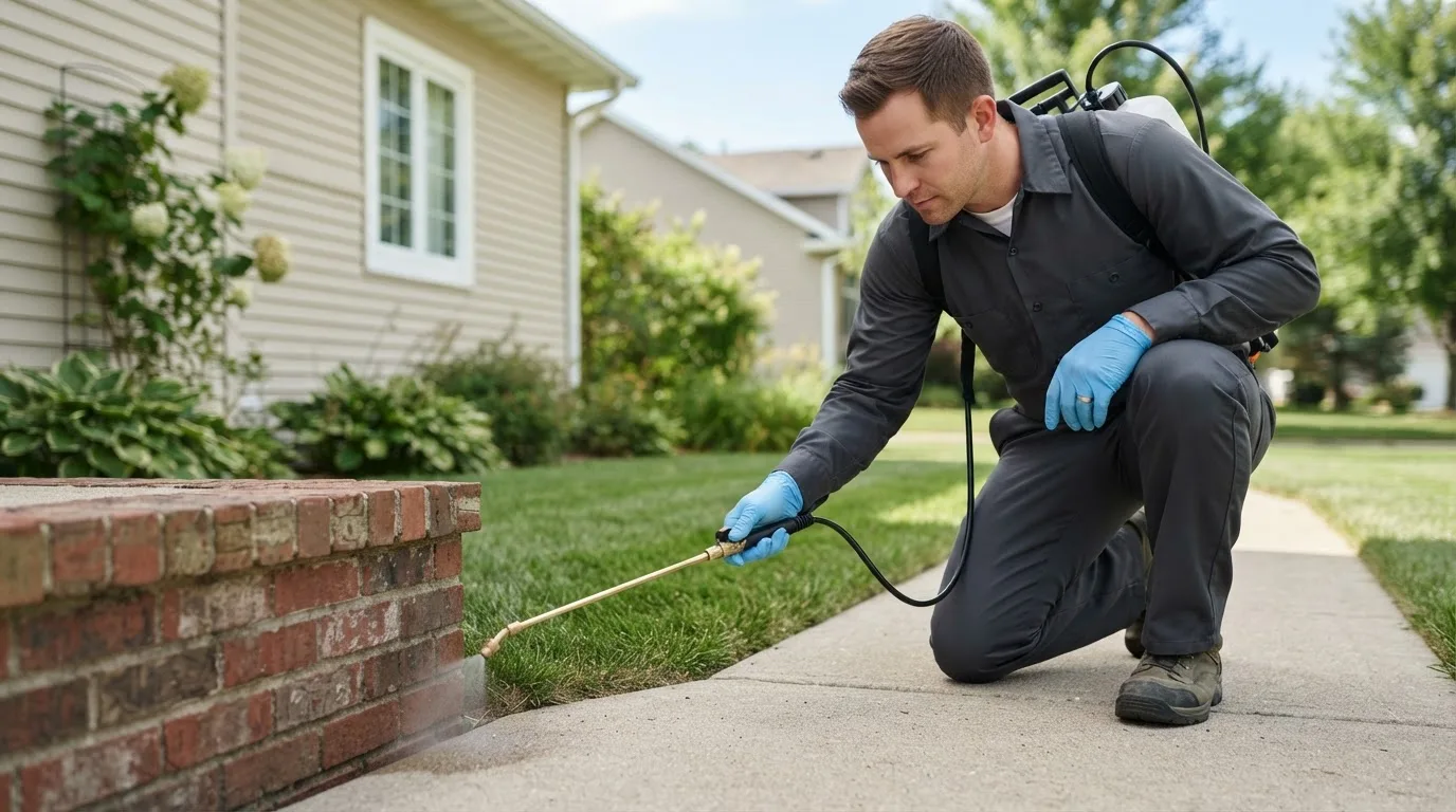 Pest control technician treating a home near Melvin Village, NH